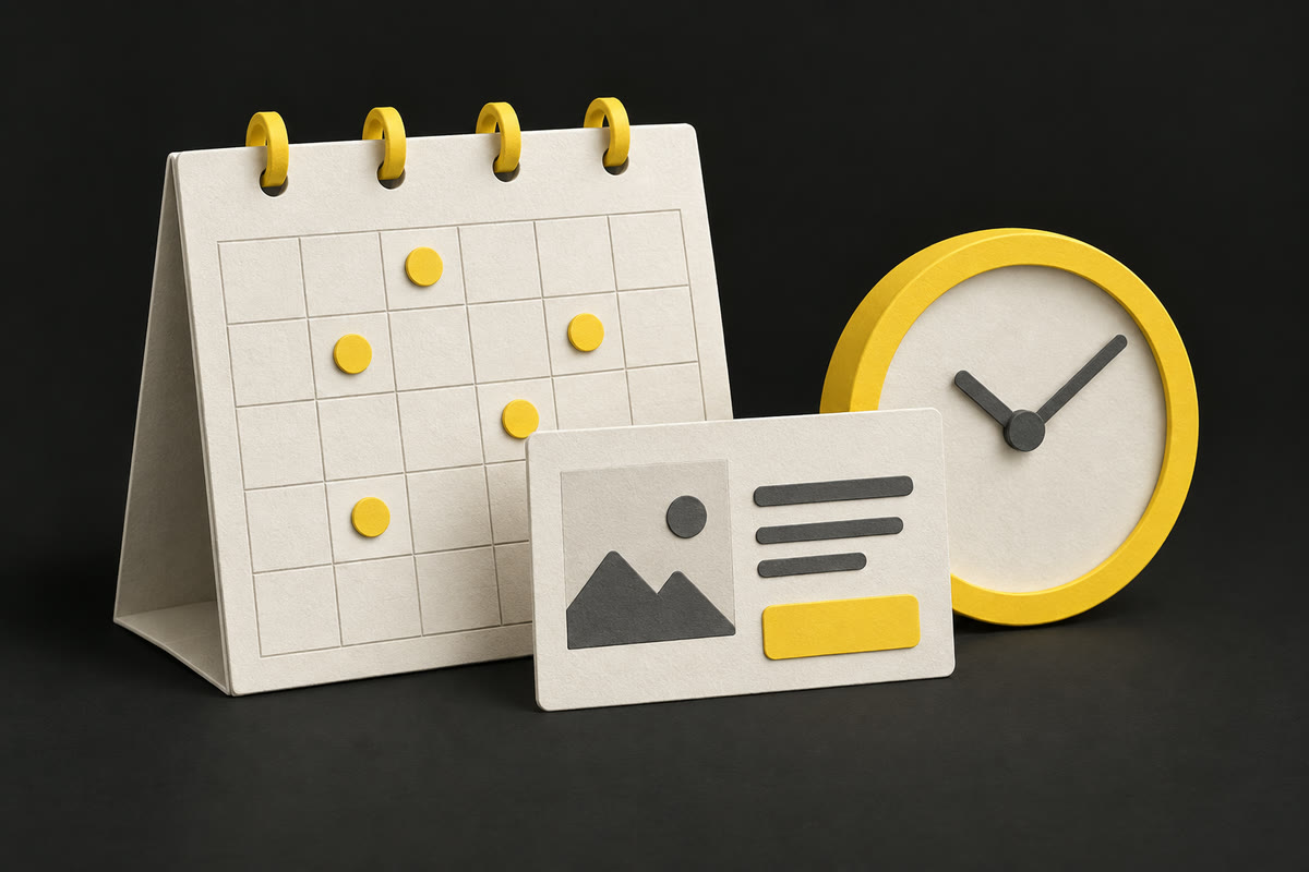 Illustration of a calendar with yellow posting days beside a Business Profile post card and a yellow clock.
