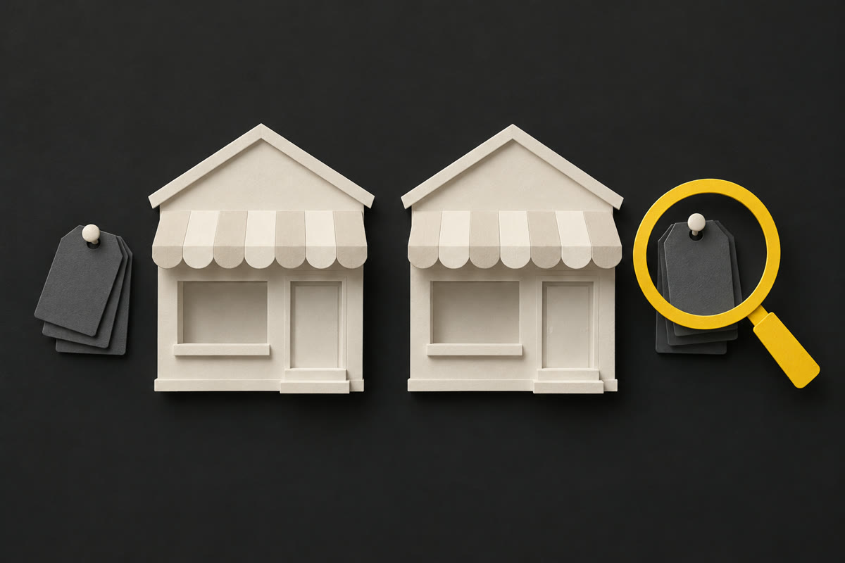 Illustration of two paper shop fronts with stacks of tag cards and a yellow magnifying glass, on charcoal.