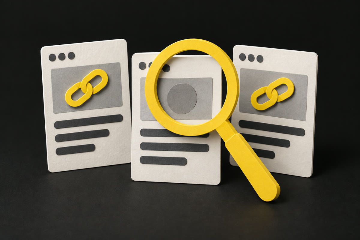 Illustration of a magnifying glass checking web pages for links, with one page missing its yellow link.