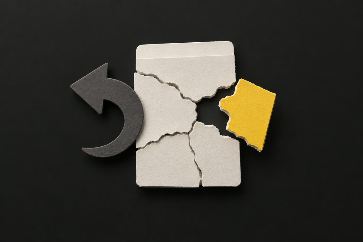 Illustration of a torn off-white paper web page being pieced back together, a yellow piece slotting into the gap, with a dark grey rewind arrow, on charcoal.