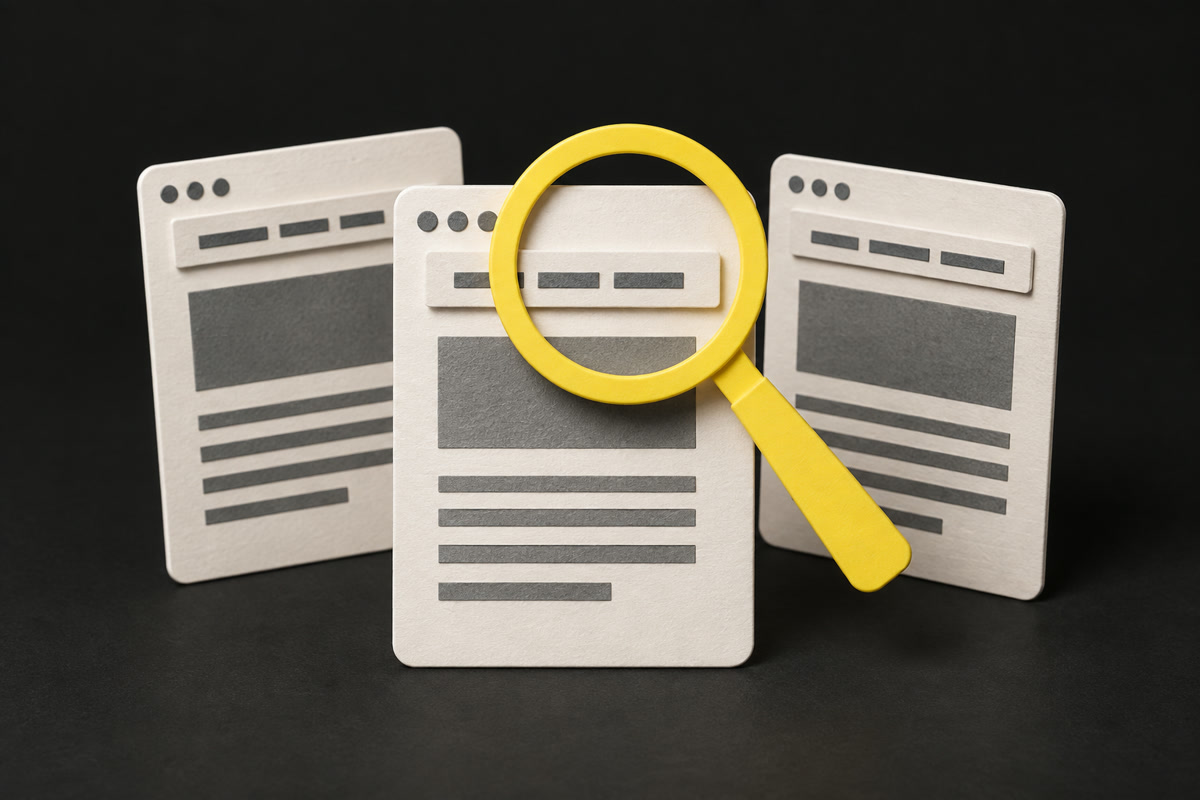 Illustration of paper web page cards with metadata strips being checked by a yellow magnifier.