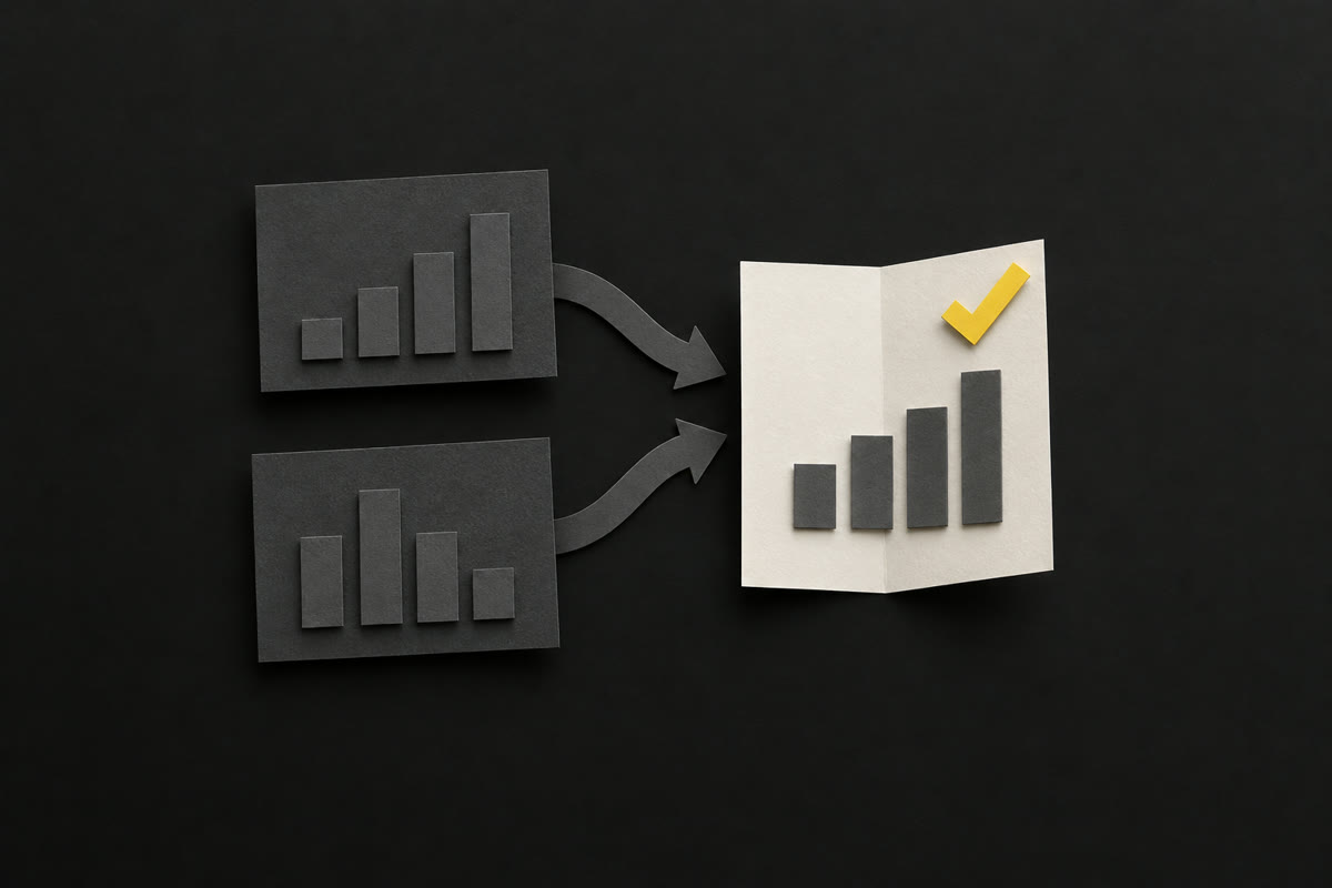 Illustration of two paper chart cards feeding into a folded paper report with a yellow tick, on charcoal.