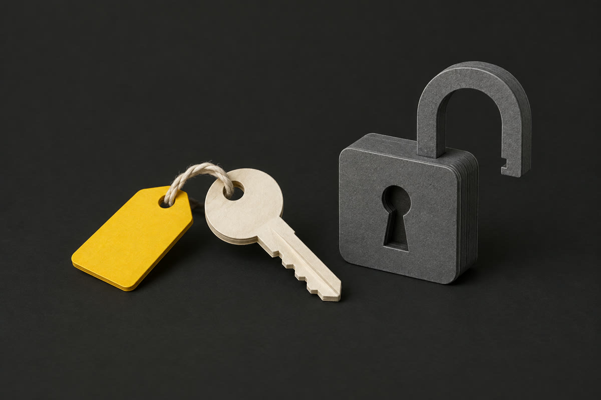 Illustration of an off-white paper key with a yellow tag beside an open dark grey paper padlock on charcoal.