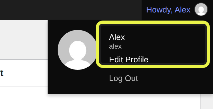 WordPress dashboard: the name menu at the top right, with Edit Profile highlighted