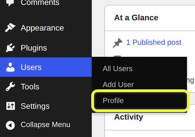 WordPress dashboard: the Users menu on the left, opening to Profile