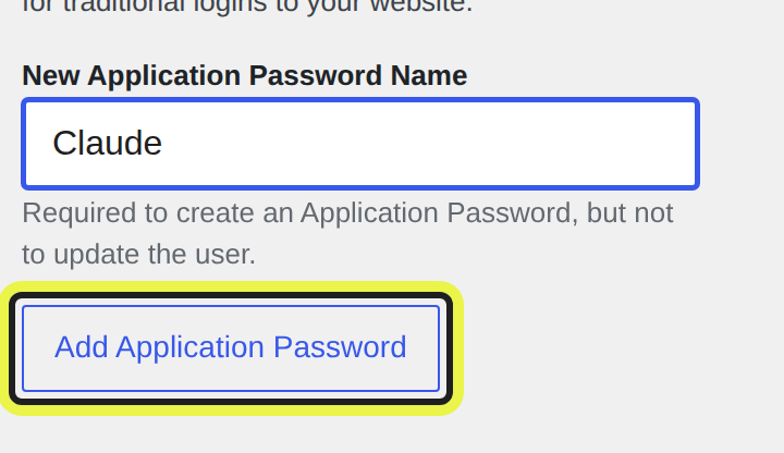 WordPress profile page: Claude typed as the new application password's name, with Add Application Password highlighted