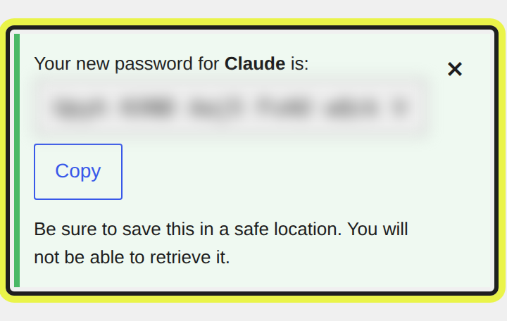 WordPress showing a new application password once, blurred here, with its Copy button and the warning that you won't be able to retrieve it