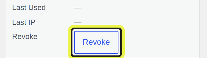WordPress application password details, with the Revoke button highlighted