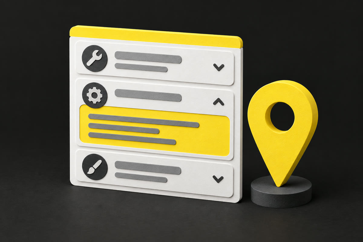 Illustration of an expanded service description beside a yellow location pin.