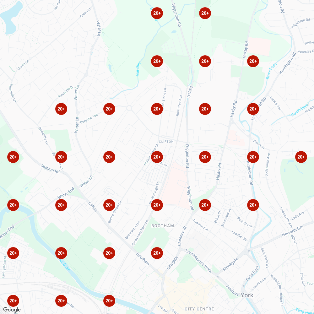 Local Falcon grid for "emergency electrician clifton", 2 June 2026: outside the top 20 at all 30 points