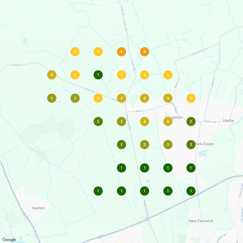 Local Falcon grid for "emergency electrician wigginton", 9 June 2026: top 3 at 19 of 35 points