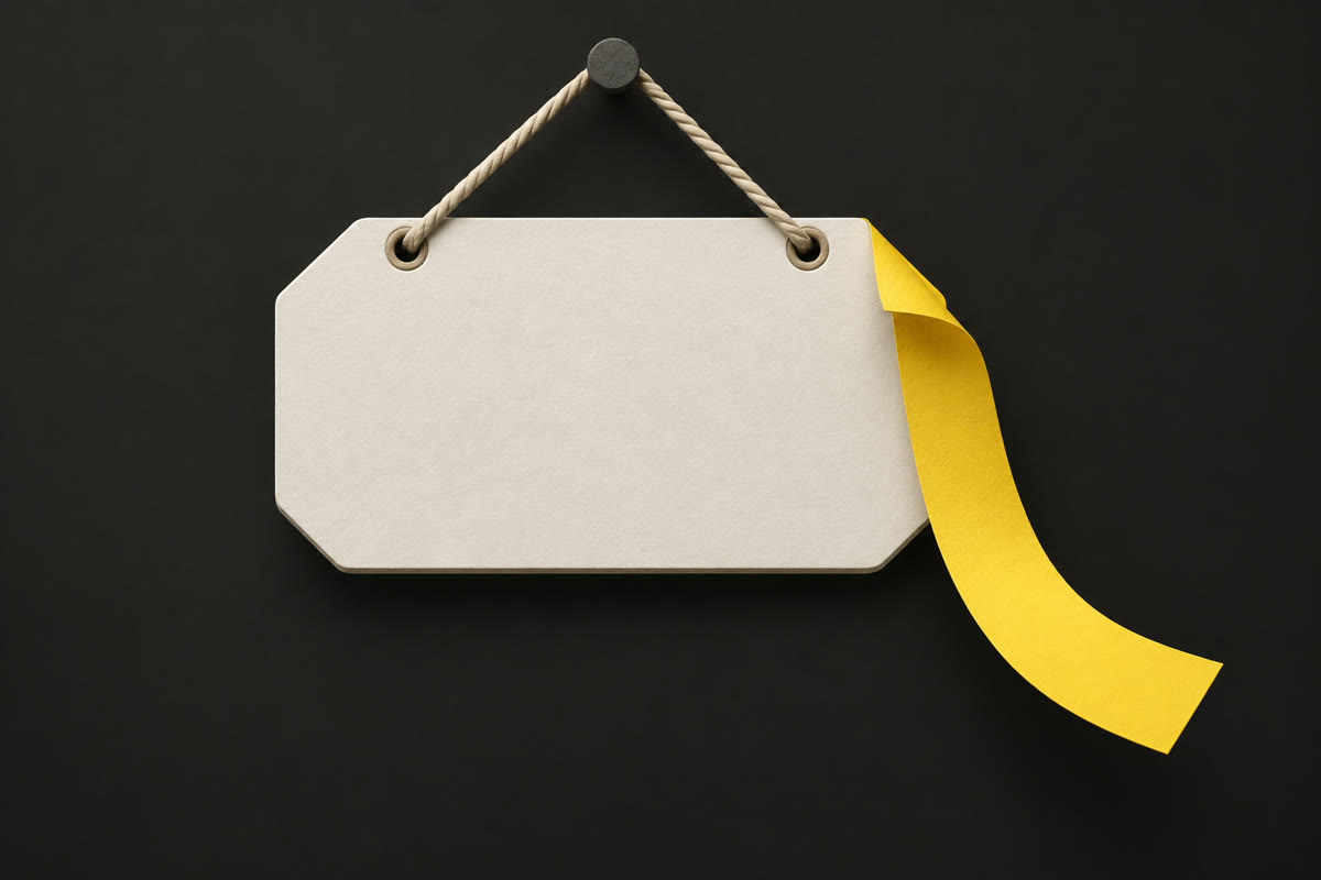 Illustration of an off-white paper shop sign on charcoal with a yellow paper strip being peeled away from it.