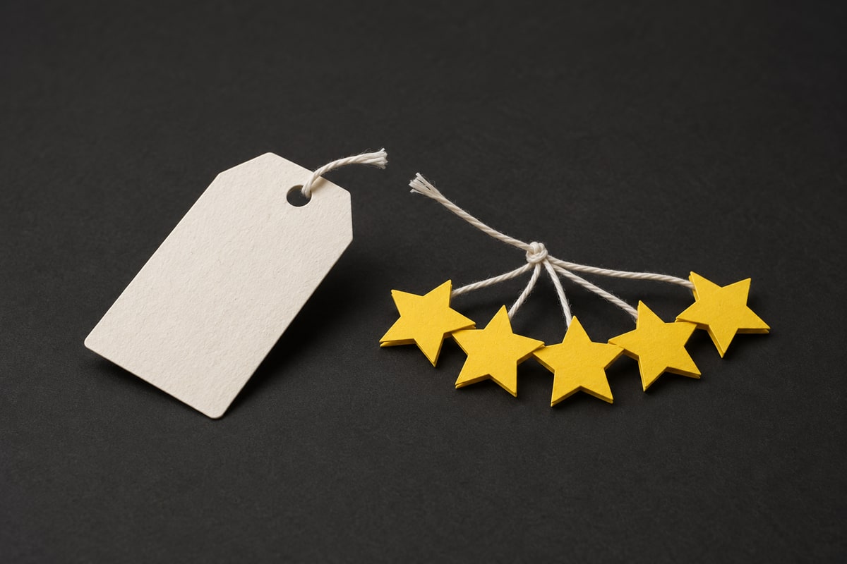 Illustration of a paper price tag on charcoal with five yellow paper stars and a cut string.