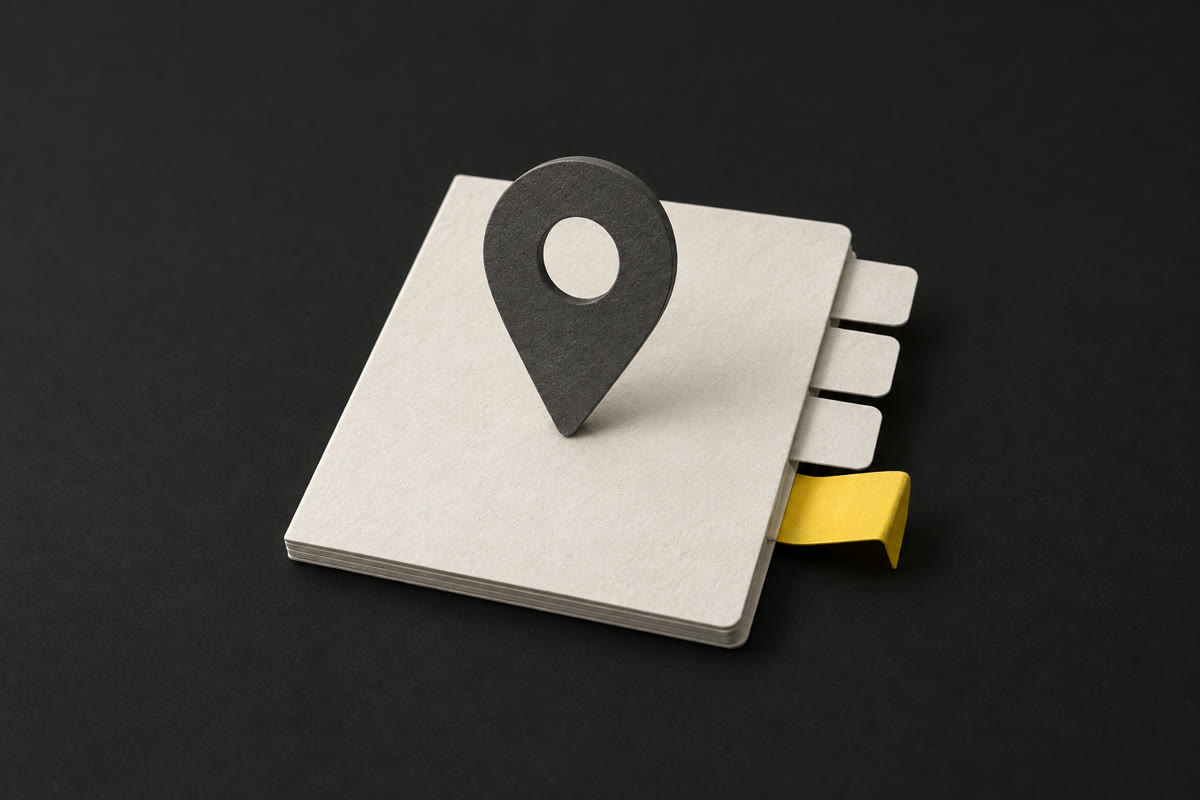 Illustration of an off-white paper listing card with a dark grey map pin and one yellow tab folded the wrong way on charcoal.