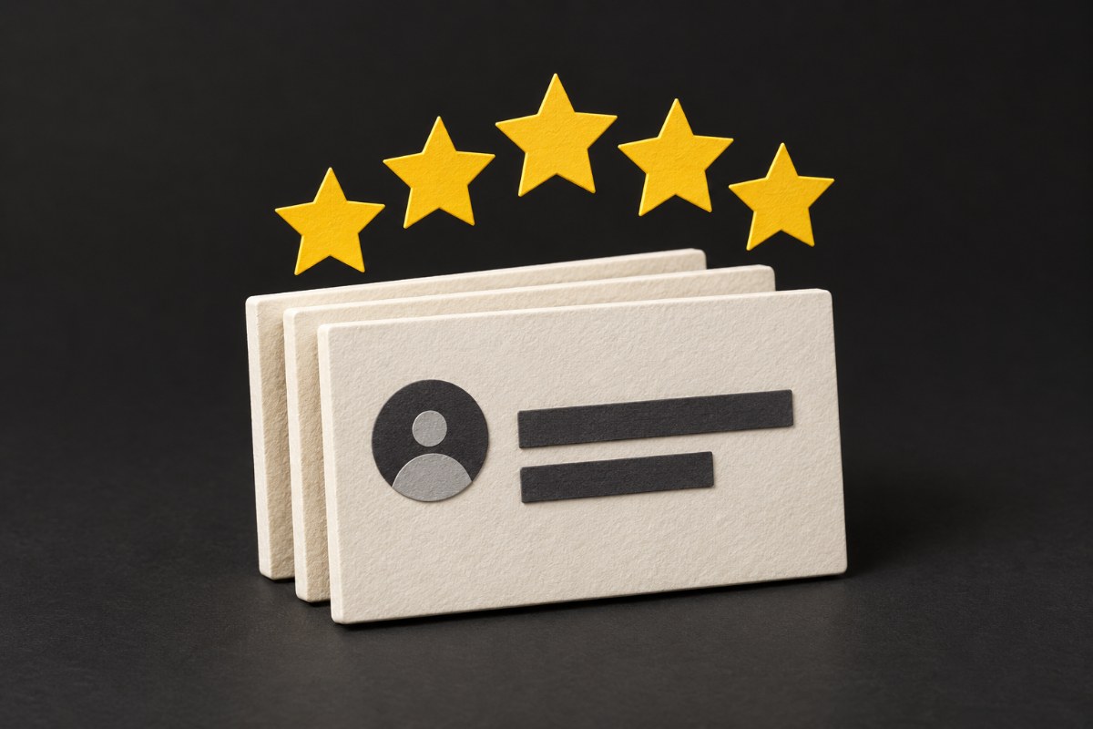 Illustration of paper review cards on charcoal with five yellow paper stars above them.