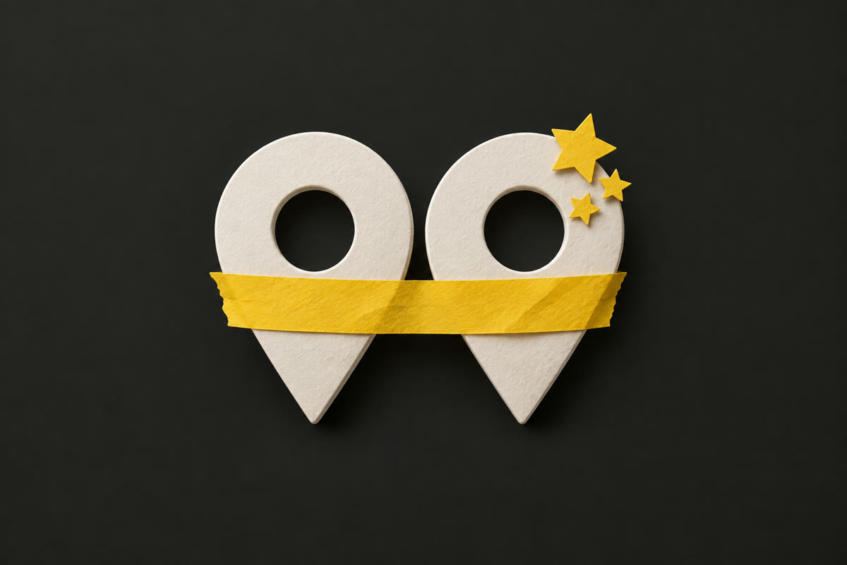 Illustration of two off-white paper map pins on charcoal joined by a yellow paper strip, with yellow paper stars on top.