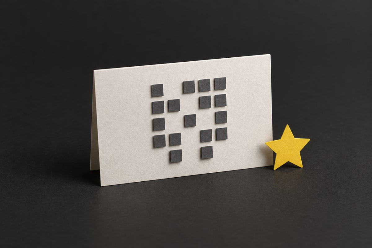 Illustration of a paper business card on charcoal with an abstract square pattern and a yellow paper star.