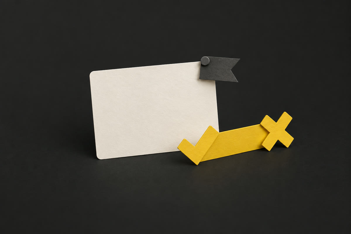 Illustration of an off-white paper review card with a dark grey paper flag pinned to it and a yellow tick-and-cross tag on charcoal.