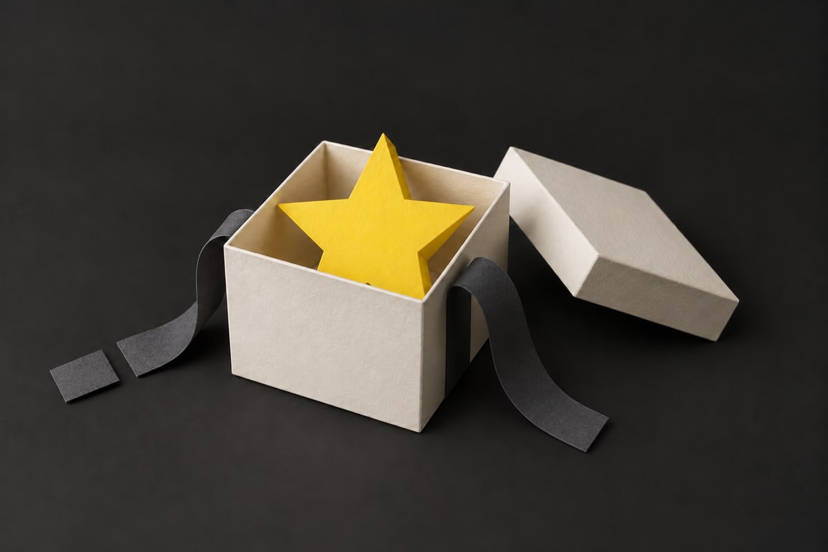 Illustration of a paper gift box on charcoal with a yellow paper star inside and a cut ribbon.