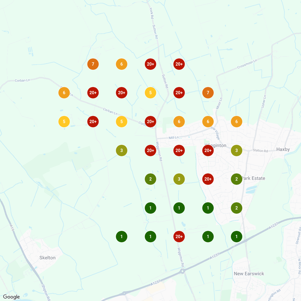 Local rank grid for "emergency electrician wigginton" in June 2026, before the change