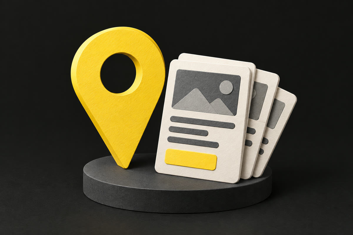 Illustration of a yellow location pin beside a fan of Business Profile post cards.