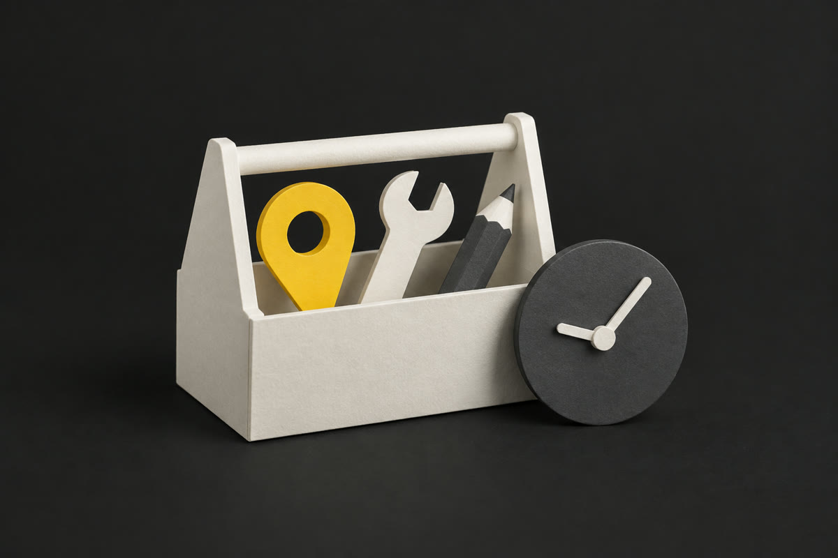 Illustration of an open paper toolbox holding a yellow map pin, a spanner and a pencil, beside a paper clock.