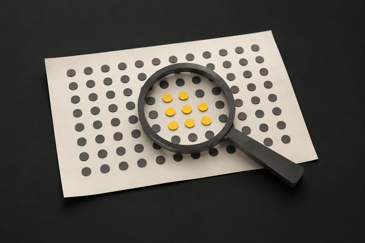 Illustration of an off-white paper sheet covered in a grid of round dots, a cluster of them yellow under a dark grey magnifying glass, on charcoal.