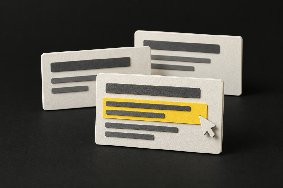 Illustration of search result cards on charcoal with one yellow highlighted snippet.