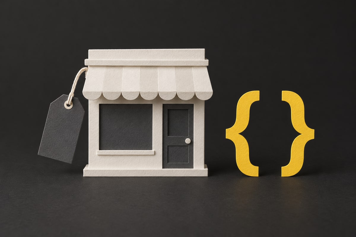 Illustration of a paper shopfront with a small label tag and yellow curly brackets on charcoal.