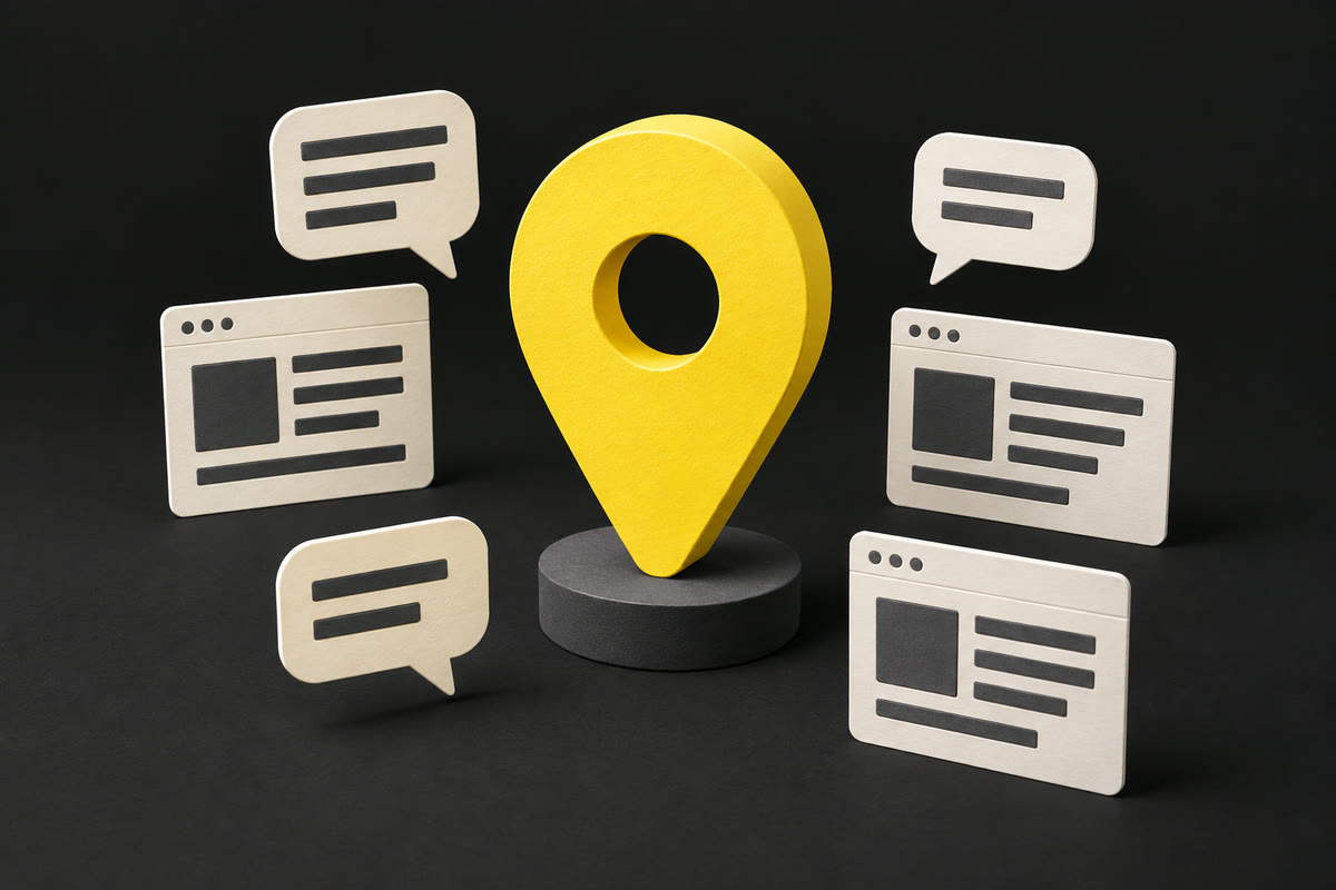 Illustration of a yellow location pin surrounded by web pages and speech bubbles that mention it without linking.